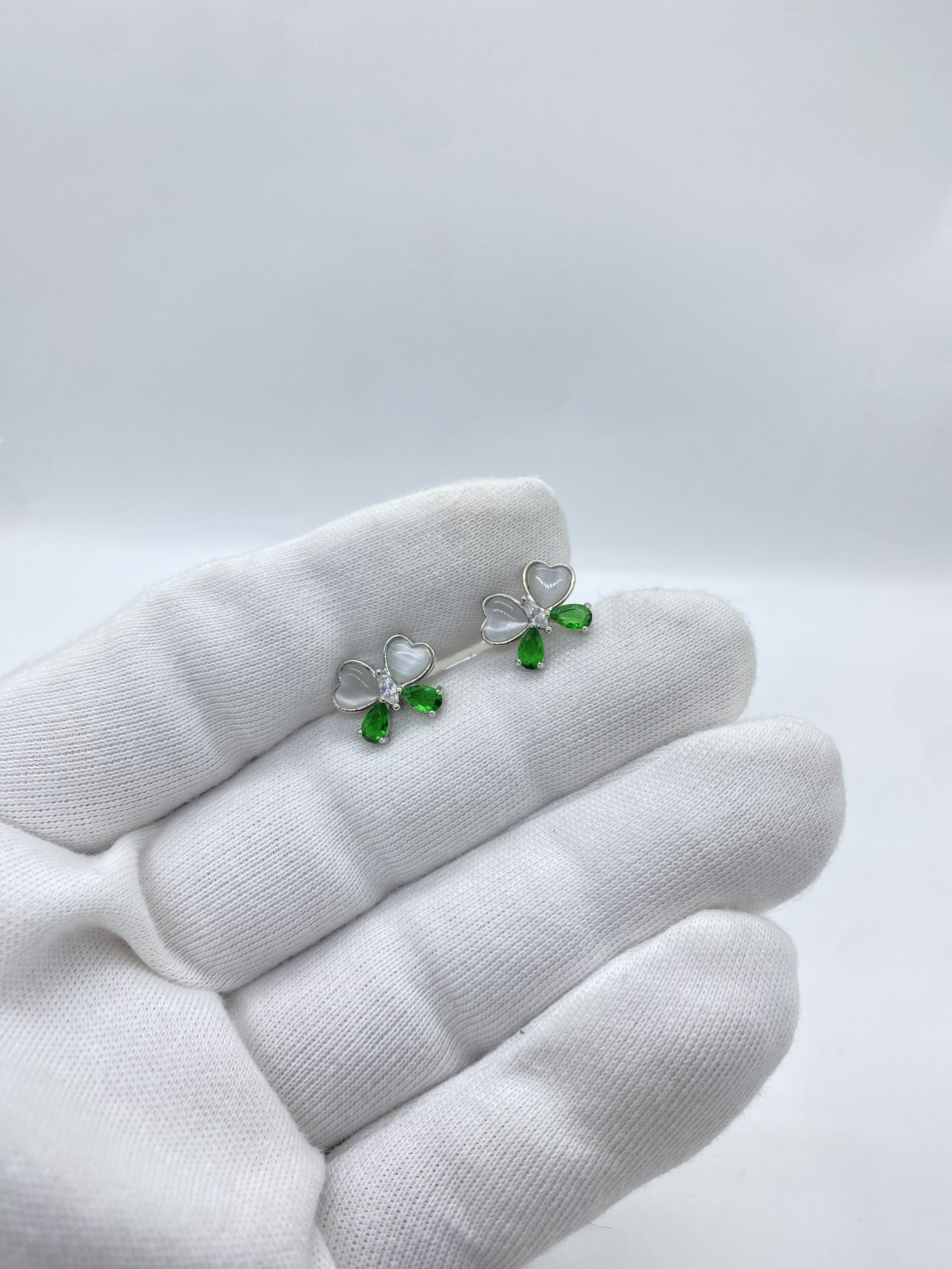 Delicate heart shapped butterfly green and white earring