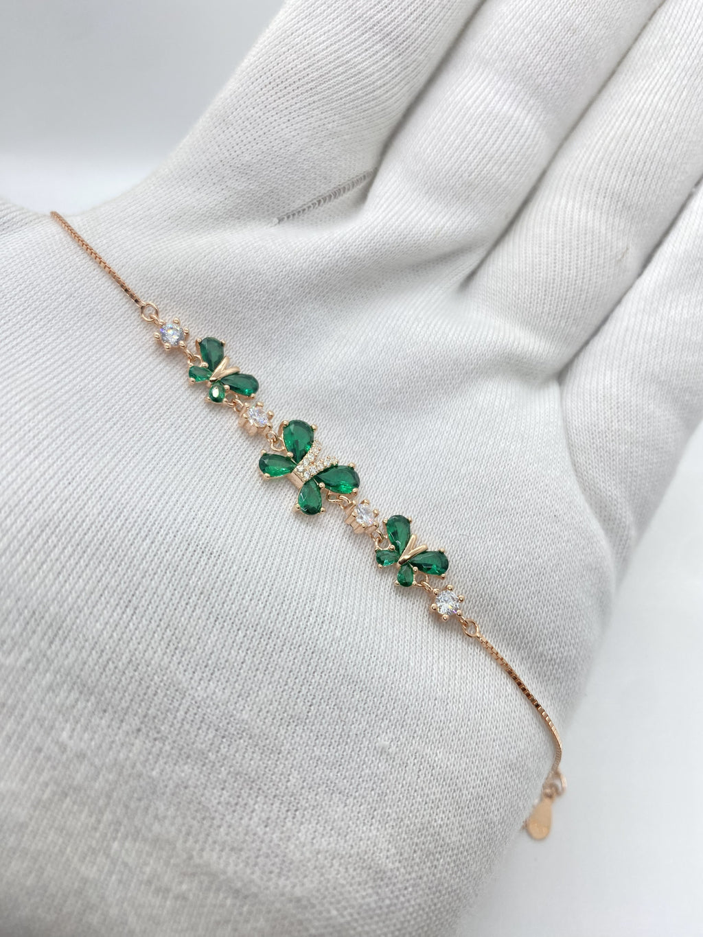 Rose Silver Green Stone Butterfly Bracelet
