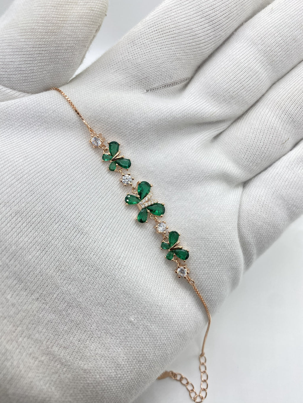 Rose Silver Green Stone Butterfly Bracelet