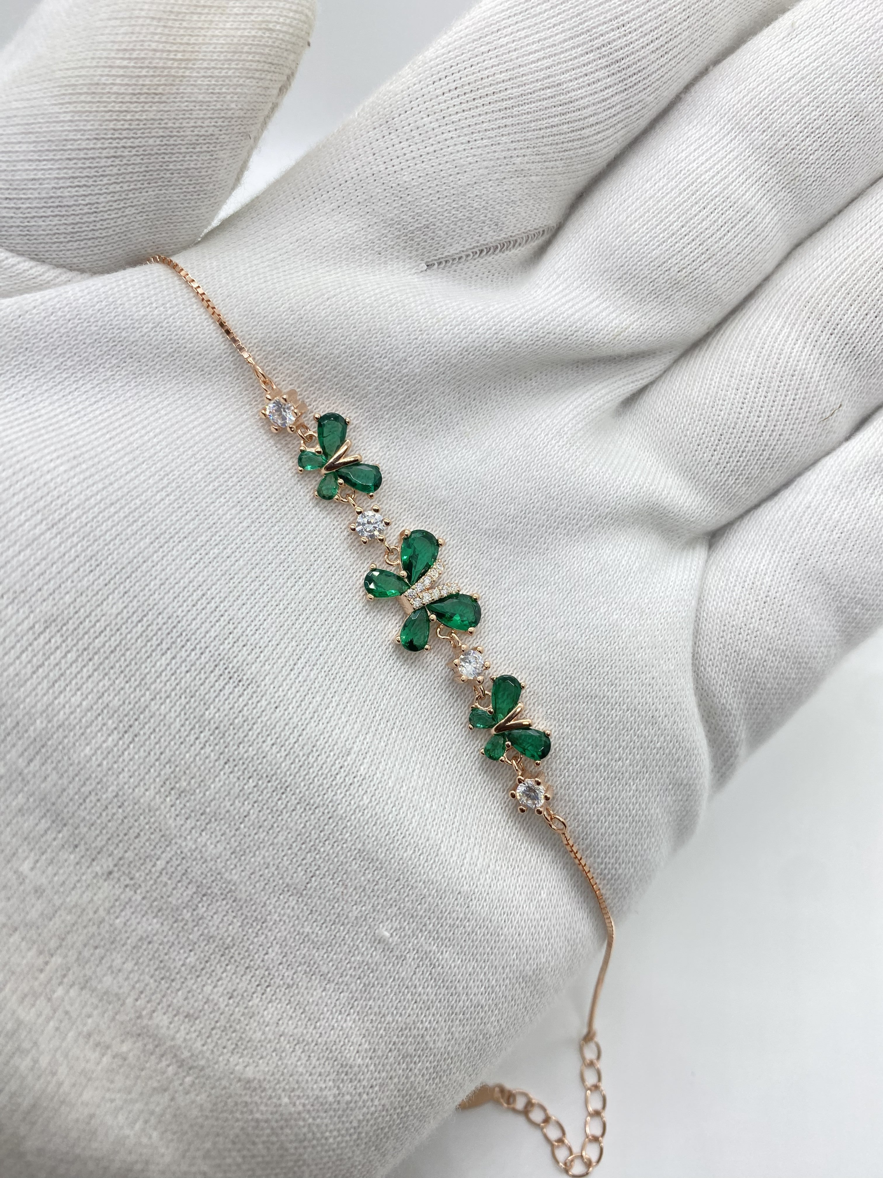 Rose Silver Green Stone Butterfly Bracelet